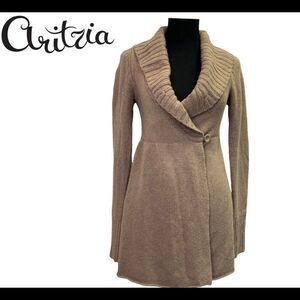 ARITZIA Talula tan brown rolled collar side tie cashmere cardigan sweater Sz XS